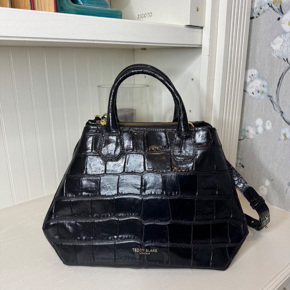 Teddy Blake New York Ava Black Croc Embossed Leather Satchel Handbag Italy